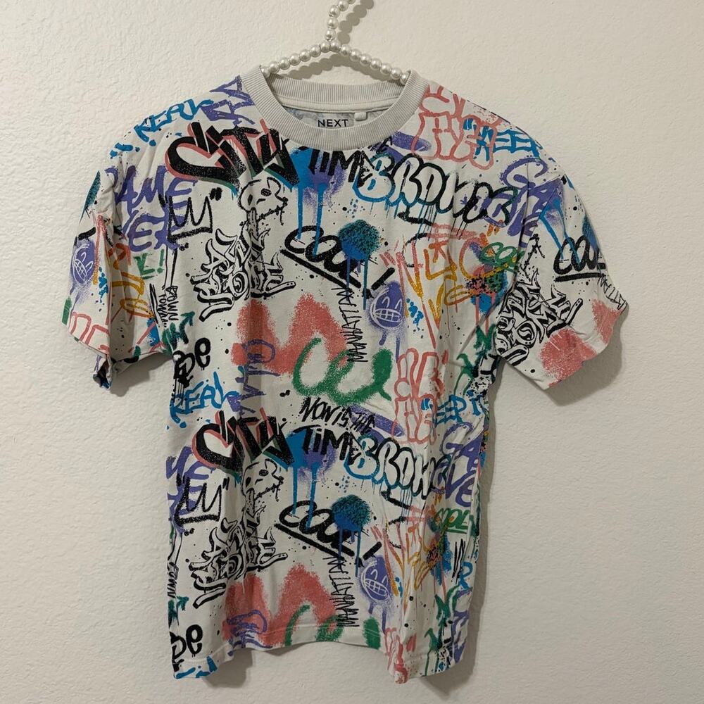 NEXT Graffiti Shirt Kids Size 11 Years Short Sleeve All Over Print Graphic Tee